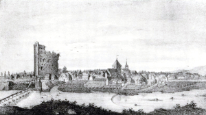 Zīmējums ar skatu uz Kuldīgu ap 1800. gadu. Foto — Zudusī Latvija / Latvijas Nacionālā bibliotēka