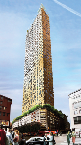 Arhitektu firmas Anders Berensson Architects piedāvātais 40 stāvu koka debesskrāpis Stokholmā. Tas sliesies 133 metru augstumā. Foto — Jonas Westling