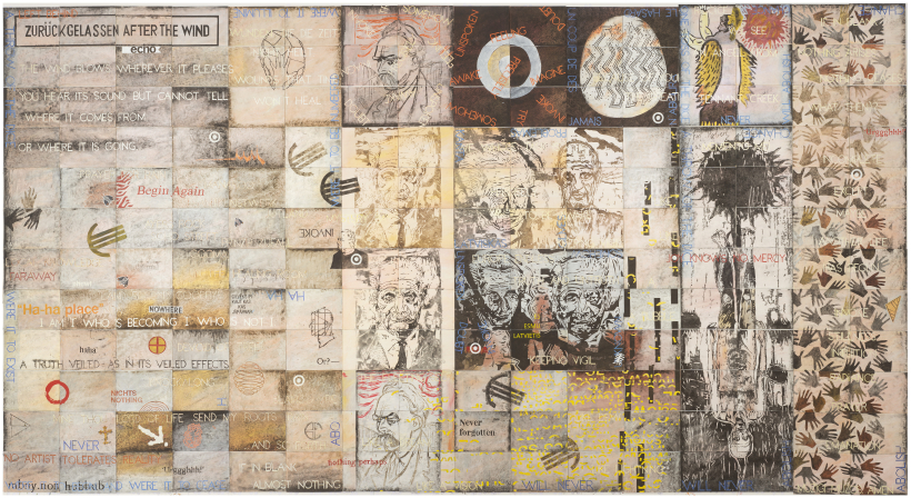 Izmērā lielākais izstādes darbs Zurückgelassen (Atstāts), 2025, sintētiskā polimēra krāsa, guaša uz 192. audekļa paneļiem, nr. 116380–116571, 304.8 × 569 cm. Publicēts ar mākslinieka atļauju [Courtesy of the artist]. Foto Theo Schoo, Schoo’s Studio, Cooma, Australia 