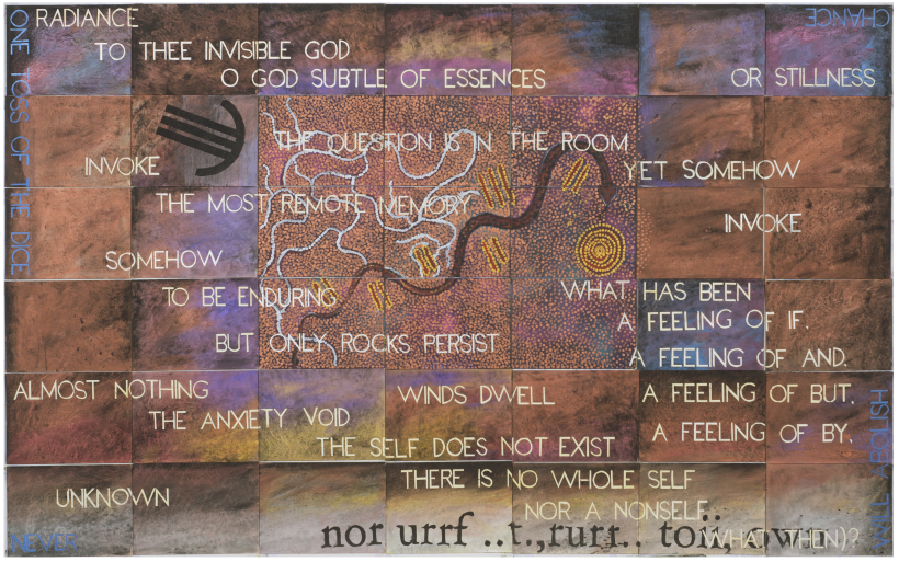 Michael Nelson Jagamara un Imants Tillers Mirdzums (Radiance), 2024 sintētiskā polimēra krāsa, guaša uz 42. audekļa paneļiem, nr. 114891–114932, 152.4 x 249 cm. Publicēts ar Jagamaras mantojuma un Imanta Tillera atļauju [Courtesy of Jagamara's estate and Imants Tillers]. Foto Theo Schoo, Schoo’s Studio, Cooma, Australia 