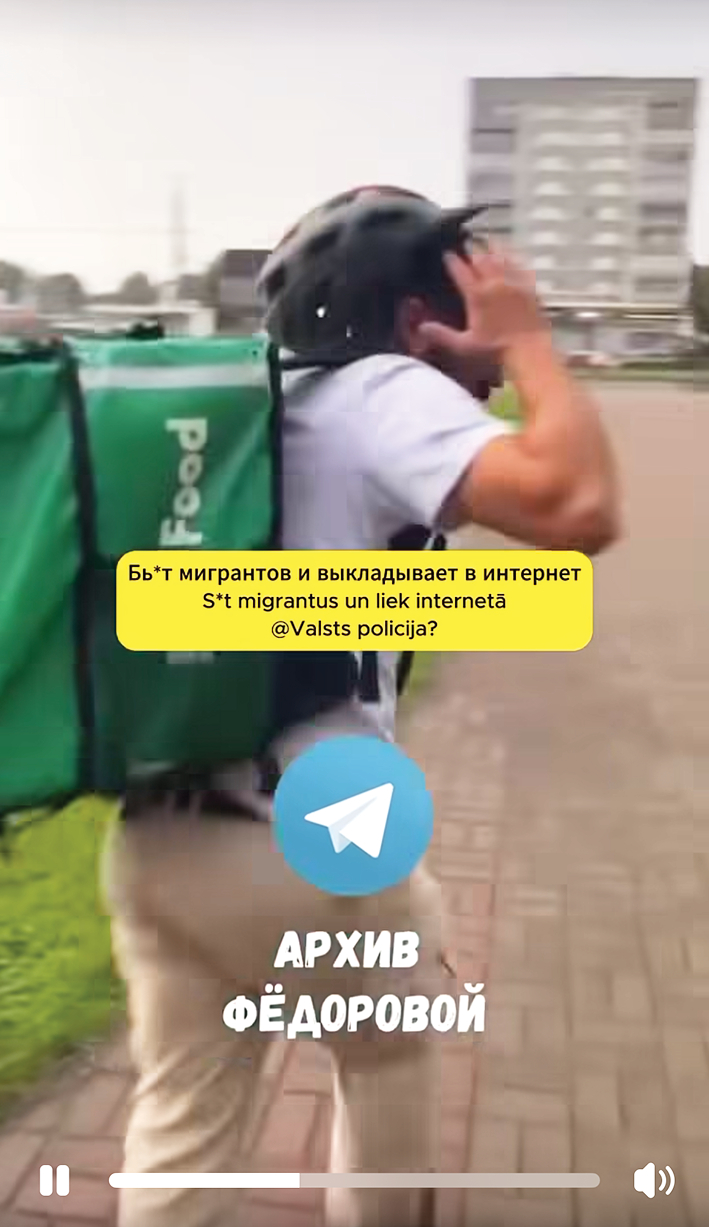 Ekrānuzņēmums no sociālajā tīklā Threads publicēta video, kurā vietējais iedzīvotājs fiziski un verbāli aizskar Bolt ēdienu piegādes kurjeru