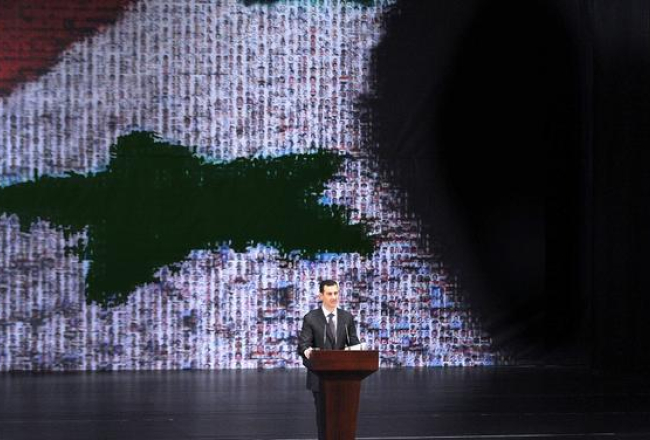 Sīrijas prezidents Bašars al Asads uzstājas ar runu. Foto: AFP/LETA