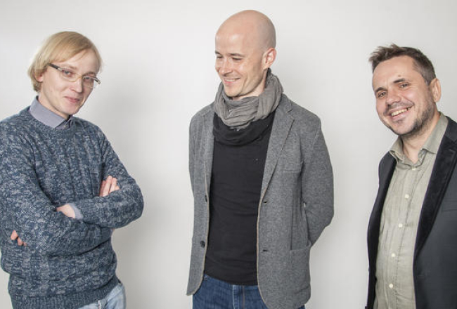 Latvijas komponisti, kuru mūziku atskaņos"Ensemble Modern". No kreisās: Kristaps Pētersons, Jānis Petraškevičs, Andris Dzenītis. Foto- Emīls Desjatņikovs, f64