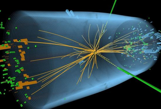 Higsa bozona meklējumos - Eiropas Kodolpētniecības organizācijas (CERN) Ženēvā grafiskajā attēlā redzamas protonu sadursmes pēdas. Foto: AFP/LETA