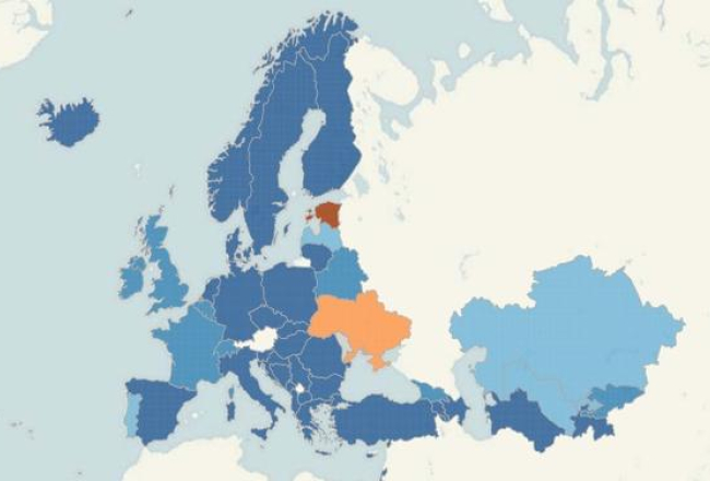 PVO ziņojumā ievietotā karte rāda HIV inficēto skaitu uz 100 000 iedzīvotāju.