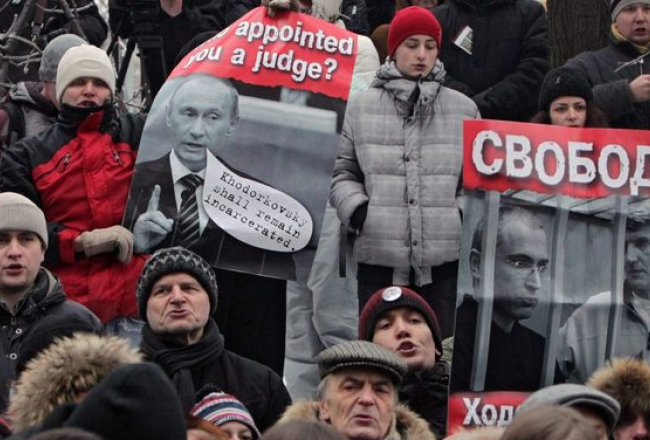 Hodorkovska atbalsta demonstrācija Maskavā 2010.gada 27.decembrī. Foto: EPA/LETA