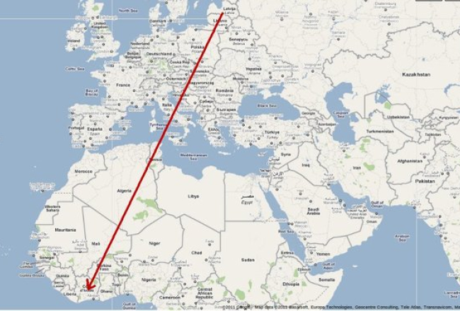 Karte: zivjērgļa ligzdošanas vieta Latvijā un ziemošanas vieta Āfrikā