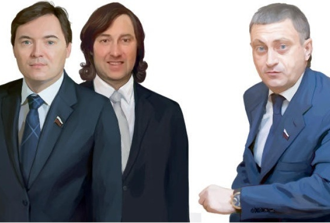 Andrejs Molčanovs (no kreisās), Artūrs Jeresjko un Eduards Janakovs. Ilustrācija no žurnāla "Ir"