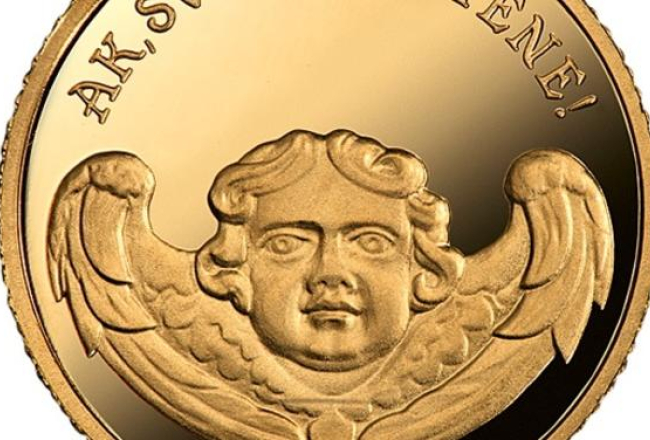 Latvijas Banka laidusi apgrozībā Lestenes dievnamam veltītu zelta monētu "Ak, svētā Lestene!", kuras grafisko dizainu veidojis Laimonis Šēnbergs, bet ģipša modeli – Ligita Franckeviča. Foto: Latvijas Banka