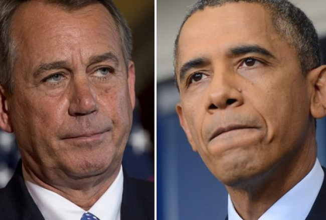 Republikāņi pret demokrātiem. ASV Pārstāvju palātas spīkers republikānis Džons Bēners (pa kreisi) un ASV prezidents Baraks Obama. Foto: AFP/LETA