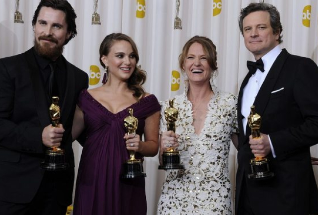 ''Oskaru'' aktieri (no kreisās) Kristians Beils, Natālija Portmane, Melisa Leo un Kolins Fērts. Foto: EPA/LETA