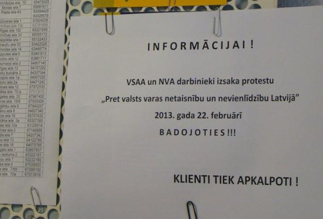 Paziņojums par akciju Rīgas Vidzemes priekšpilsētas VSAA nodaļā. Foto: Dairis Anučins