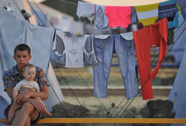 Ukrainas bēgļi nometnē Rostovā (Krievija). Foto: ITAR-TASS/LETA