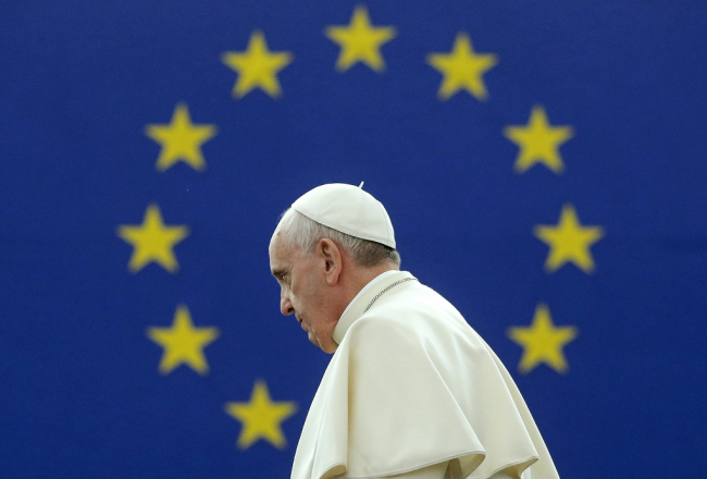 Romas pāvests Francisks Eiropas Parlamentā. Foto: AFP/LETA
