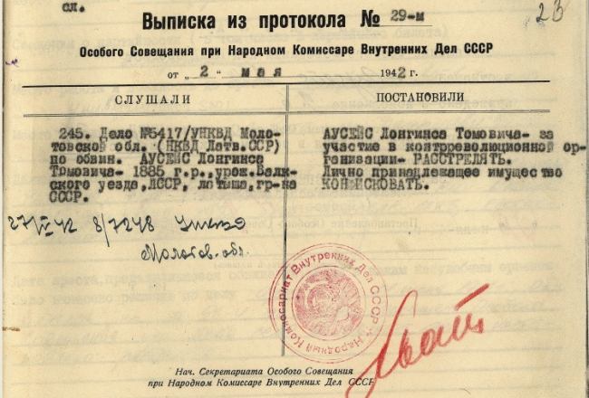 Čekistu lēmums 1942.gada maijā nogalināt Longinu Ausēju.