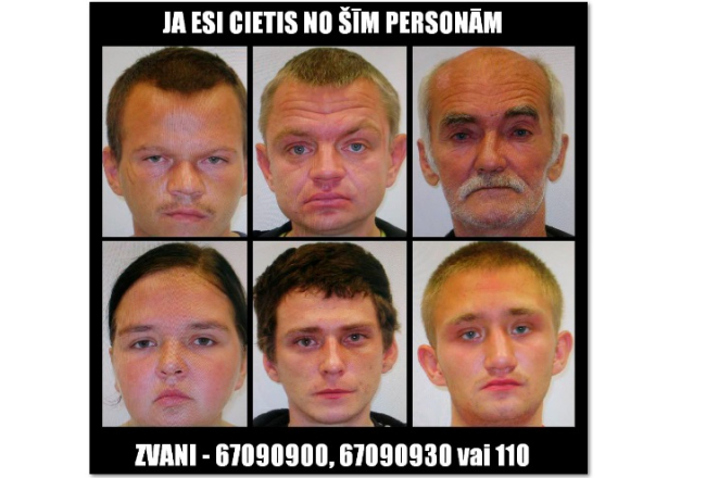 Valsts policija par laupīšanām aizturējusi piecus vīriešus un vienu sievieti. Policistiem ir aizdomas, ka šīs personas varētu būt pastrādājušas vēl citas laupīšanas, tāpēc likumsargi lūdz atsaukties ikvienu, kurš ir cietis no personu pretlikumīgajām darbībām, zvanot pa tālruņa numuriem 67090900, 67090930 vai 110. Foto: Valsts policija/LETA