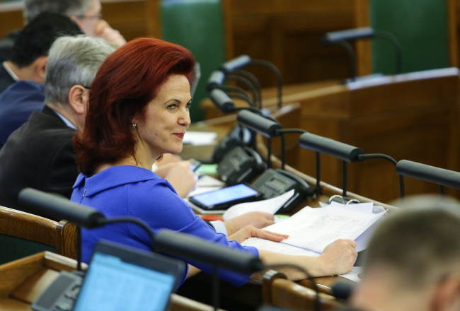 Solvita Āboltiņa (Vienotība) Saeimas sēdē. Foto: Dmitrijs Suļžics, F64
