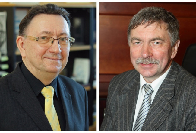 LU rektora amata kandidāti Juris Borzovs (no kreisās) un Indriķis Muižnieks. Publicitātes foto