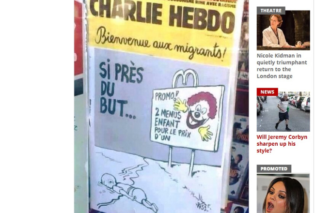 Ekrānattēls ar "Charlie Hebdo" karikatūru no "The Independent".