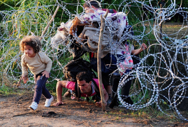 Nelegālie imigranti pie Roszke ciema uz Ungārijas-Serbijas robežas pa caurumu dzeloņdrāšu žogā šķērso robežu. Foto: AFP/LETA