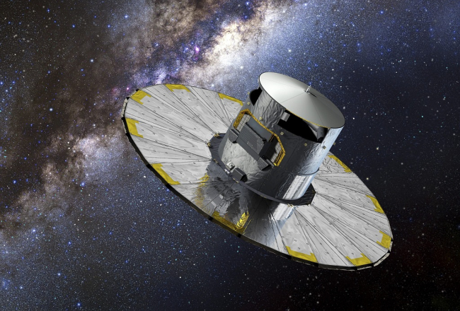 Eiropas Kosmosa aģentūrā tapušais attēls rāda satelītu, kuram jāizveido 3D karte Piena ceļam, uzskaitot miljardu zvaigžņu tajā. Foto: EPA/LETA