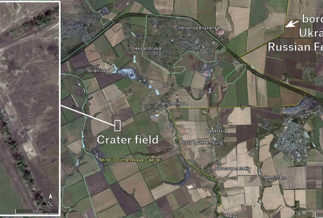 Satelītattēls ar artilērijas šāviņu krāteriem. Foto no "Bellingcat" pētījuma