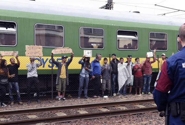 Migranti Ungārijā pie vilciena, no kura atteicās izkāpt un doties uz patvēruma meklētāju centru. Migranti improvizētos plakātos tur uzrakstus, ka vēlas doties uz Vāciju, nevis palikt Ungārijā. Foto: EPA/LETA