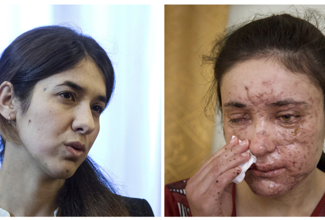 Jezīdu kopienas locekles Nadia Murada(pa kreisi) un Lamija Hadži Bašara. Foto: TT NYHETSBYRAN/LETA