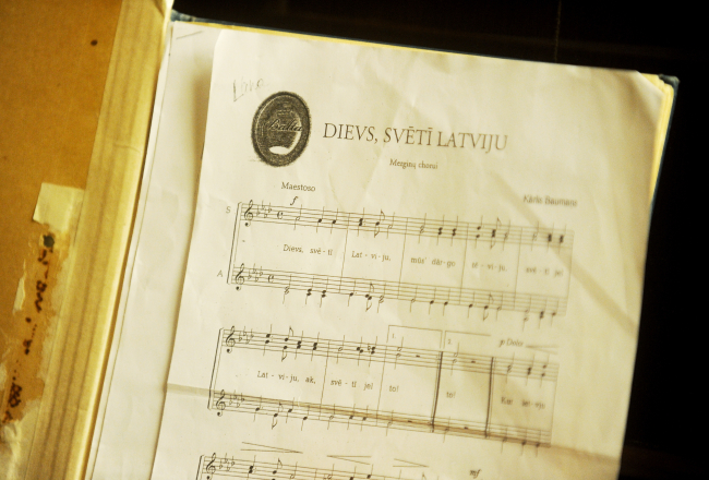 Himnas "Dievs, svētī Latviju" notis. Foto: Edijs Pālens, LETA.