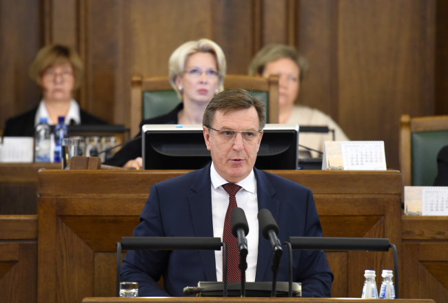 Ministru prezidents Māris Kučinskis (ZZS) Saeimā. Foto: Edijs Pālens, LETA