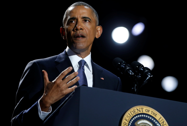 ASV prezidents Baraks Obama, sakot pēdējo runu amatā. Foto: Johnatan Ernst, REUTERS/LETA.