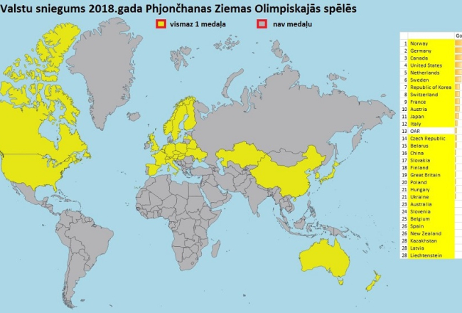 Karte ar valstīm, kuras Phjončhanas spēlēs ieguva medaļas.