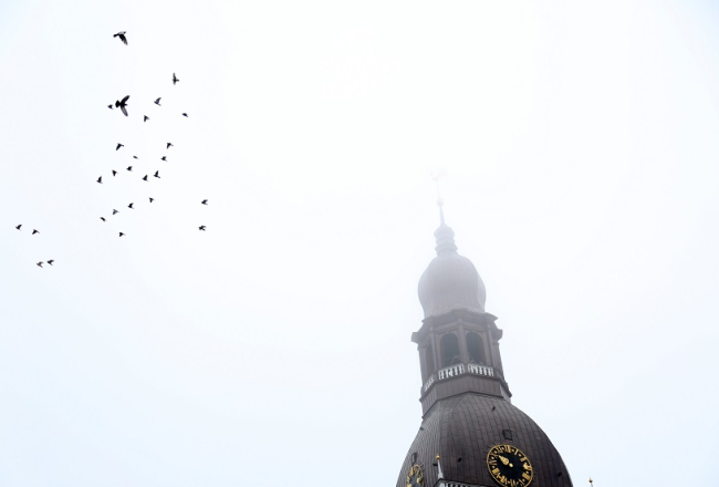 Doma baznīcas tornis miglā. Foto: Edijs Pālens, LETA