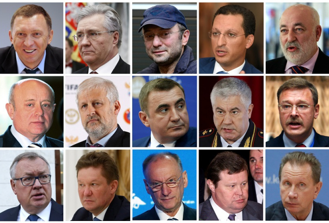 ASV sankcijām pakļautie Krievijas biznesmeņi un amatpersonas - no kreisās Oļegs Deripaska, Vladimirs Bogdanovs, Suleimans Kerimovs, Kirils Šamalovs, Viktors Vekselbergs, (vidējā rindā no kreisās) Mihails Fradkovs, Sergejs Fursenko, Aleksejs Djumins, Vladimirs Kolokoļcevs, Konstantīns Kosačevs, (apakšā no kreisās) Andrejs Kostins, Aleksejs Millers, Nikolajs Patruševs, Vladimirs Ustinovs, Viktors Zolotovs. Foto: Reuters/LETA