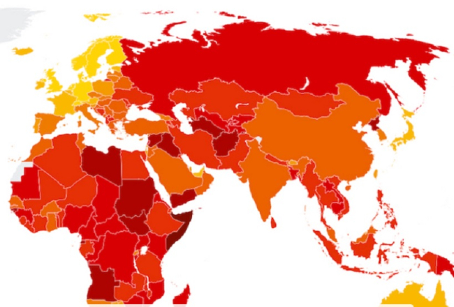 Pasaules karte ar korupcijas uztveres indeksa datiem.
