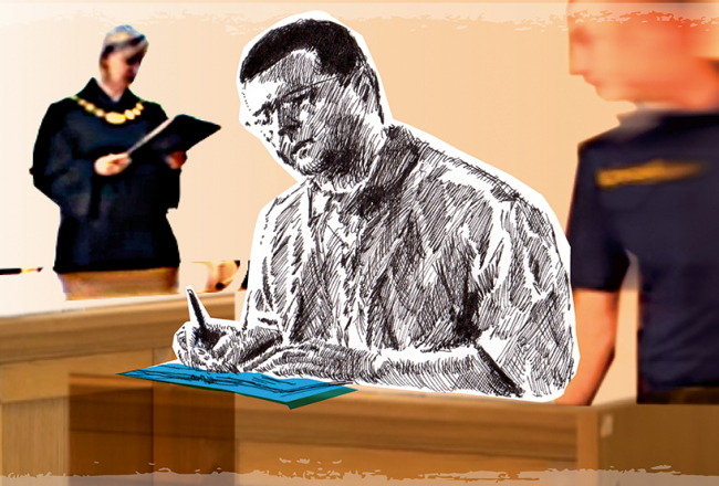 Augustā tiesa piesprieda Jurijam Stilvem nosacītu sodu un atbrīvoja tiesas zālē. Zīmējums — Artur Kuus