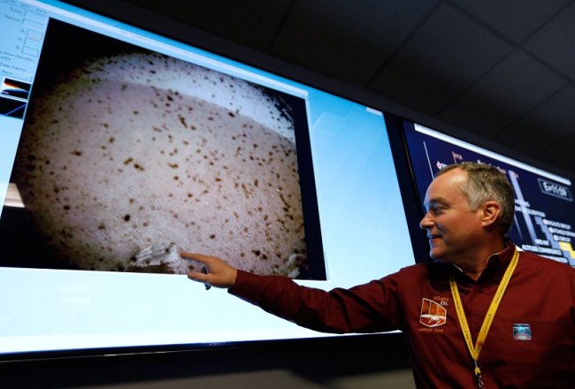 NASA inženieris un "InSight" projekta menedžeris Toms Hofmamnons rāda pirmo Marsa foto, ko uzņēmis robots. Foto: AFP/Scanpix