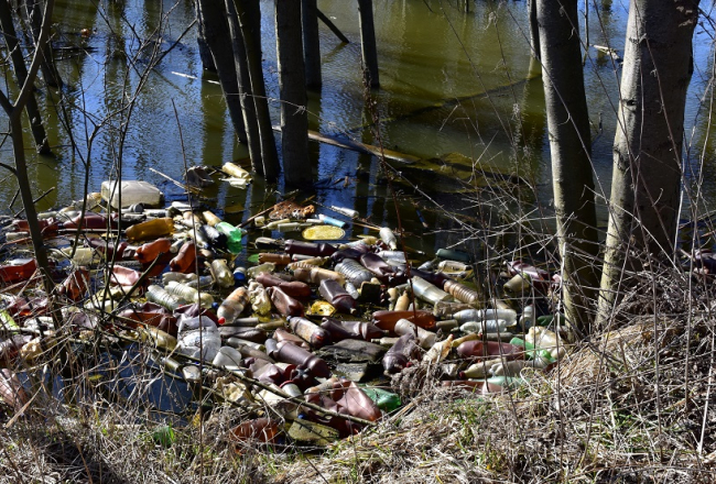 Applūdusi pļava starp Vienības gatvi un Torņakalna staciju un peldošas platsmasas pudeles. Foto: Īriss Sviklis, LETA