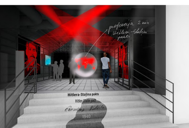 Latvijas Okupācijas muzeja topošās jaunās ekspozīcijas tēmas "Sazvērestība. Hitlera - Staļina pakts" dizaina skice. Autors - dizaina birojs "H2E". Publicitātes foto