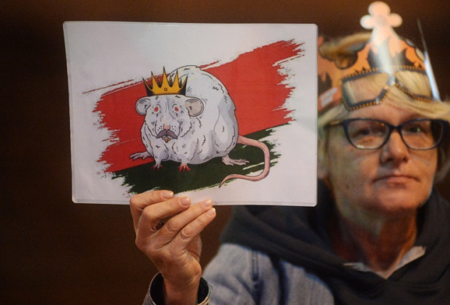 Protestētāja uzlikusi kroni galvā un rokā tur karikatūru, kurā Aleksandrs Lukašenko attēlots paša iemīļotajā žurkas tēlā, kā viņš apsaukā protestētajus. Foto: EPA/Scanpix