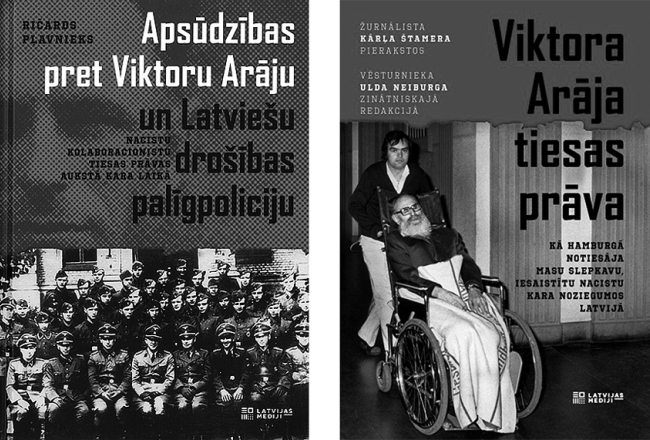 Ričards Pļavnieks. Apsūdzības pret Viktoru Arāju un Latviešu drošības palīgpoliciju: nacistu kolaboracionistu tiesas prāvas aukstā kara laikā. Latvijas Mediji, 2020.
Viktora Arāja tiesas prāva žurnālista Kārļa Štamera pierakstos. Latvijas Mediji, 2020.
