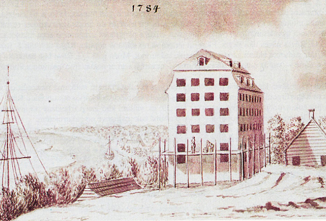 Johana Kristofa Broces zīmētā Rāves cukurfabrikas ēka pie Sarkandaugavas atklāšanas brīdī 1784. gadā.
Foto no Wikipedia Common