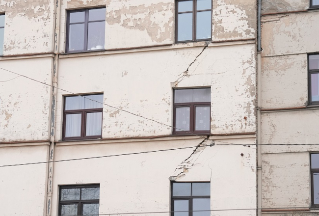 Ēka Krišjāņa Valdemāra ielā, no kuras plaisu dēļ evakuēti cilvēki. Foto - Edijs Pālens, LETA
