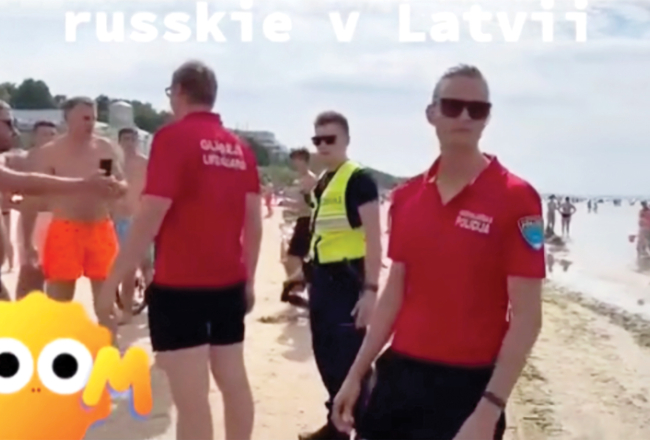 Ekrānuzņēmums no sociālajā tīklā TikTok ievietotā video ar agresīvu atpūtnieku pretošanos policistu norādēm