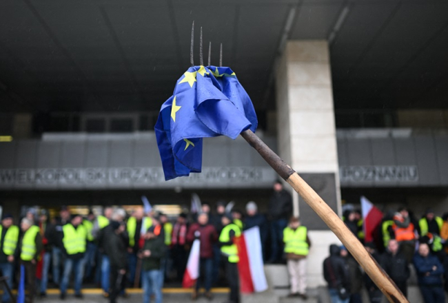 Eiropas Savienības karogs uzdurts uz zemnieka dakšām Polijas lauksaimnieku protestā šogad februārī Poznaņā. Foto - Sergei GAPON/AFP