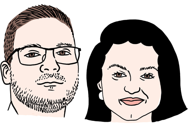 Jans Ērls-Ružickis un Vitaļina Ševčenko. 
Zīmējums — Ernests Kļaviņš