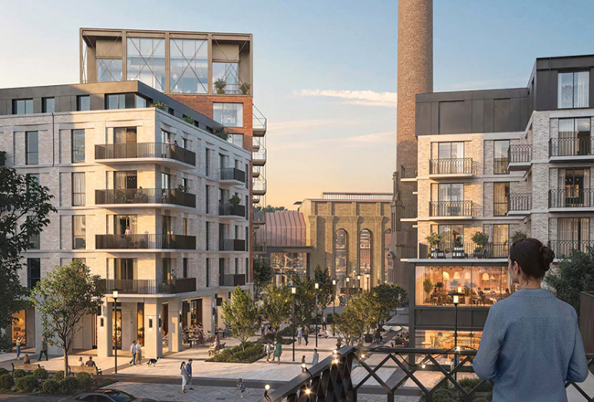 Riga Waterfront apbūves vizualizācija. Patlaban plānojums pašā Daugavas krastā neļauj būvēt ēkas augstāk par diviem stāviem. Attīstītāju vīzija paredz lielākos debesskrāpjus tieši krastā