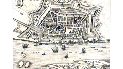 Skats uz Rīgu no putna lidojuma 1641. gadā tapušā gravīrā. Tajā redzami neilgi pirms tam uzbūvētie nocietinājumi