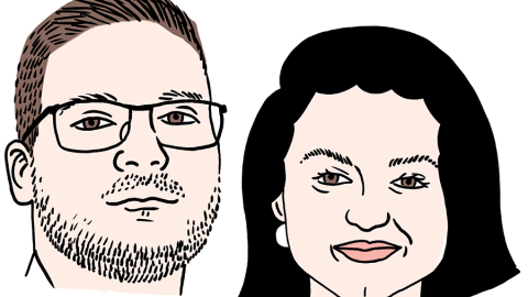 Jans Ērls-Ružickis un Vitaļina Ševčenko. 
Zīmējums — Ernests Kļaviņš