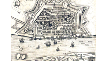 Skats uz Rīgu no putna lidojuma 1641. gadā tapušā gravīrā. Tajā redzami neilgi pirms tam uzbūvētie nocietinājumi